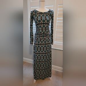 Veronica M Black and Teal Patterned Long Sleeve Dress